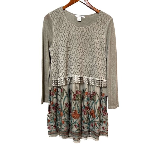 Feratelli Tops - Womens Beige Tunic Top With Sheer Embroidered Floral Hem Size M Cottage Artwear